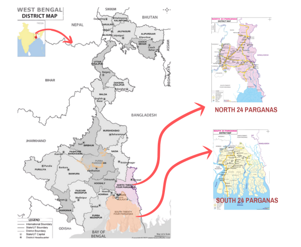 Map of West Bengal highlighting North 24 Parganas and South 24 Parganas districts